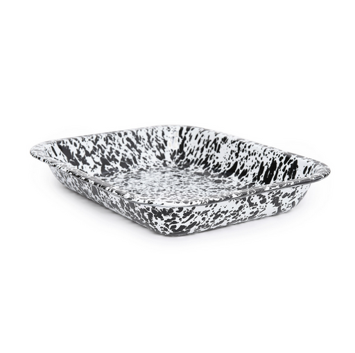 A small black and white splatter pattern roasting pan.