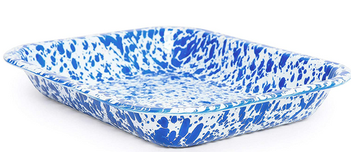 A small blue and white splatter pattern roasting pan.