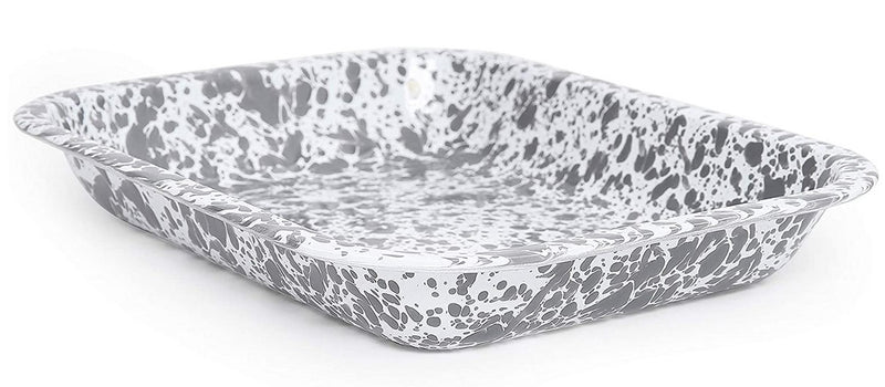 A small grey and white splatter pattern roasting pan.