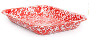Rectangular baking dish with red and white speckled pattern on a white background