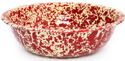 A burgundy and white speckled 4-quart enamel basin on a white background.