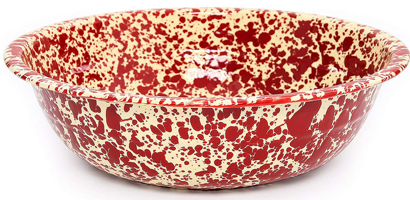 A burgundy and white speckled 4-quart enamel basin on a white background.