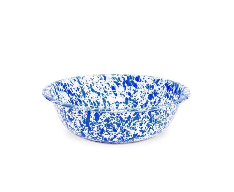 A blue and white speckled 4-quart enamel basin on a white background.