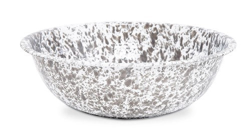 A grey and white speckled 4-quart enamel basin on a white background.