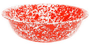 A red and white speckled 4-quart enamel basin on a white background.