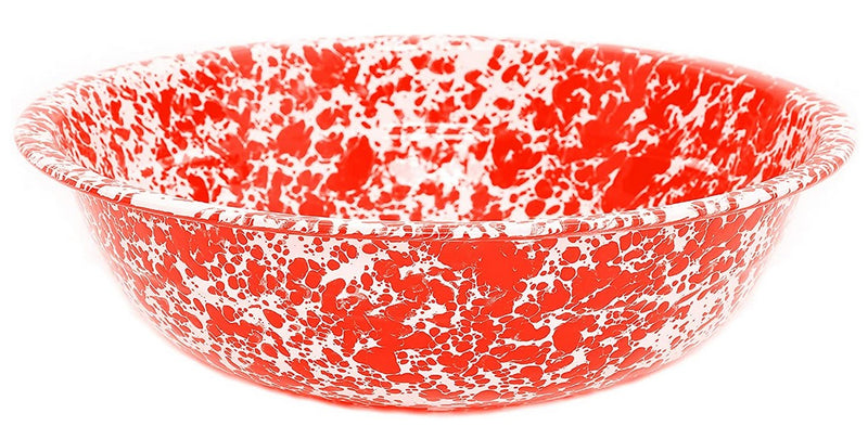 A red and white speckled 4-quart enamel basin on a white background.