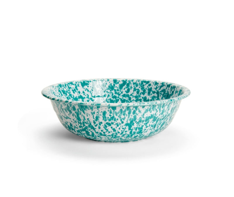 A blue and white speckled 4-quart enamel basin on a white background.