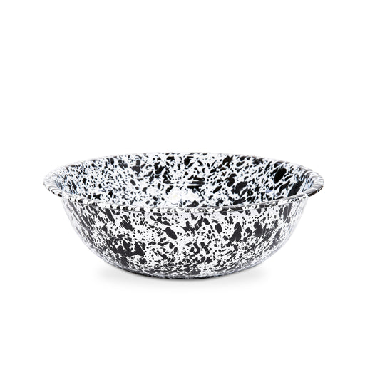 A medium-sized round enamel basin with a black and white marbled pattern.