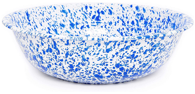 A medium-sized round enamel basin with a blue and white marbled pattern.