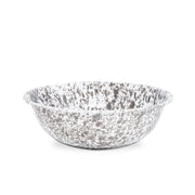 A medium-sized round enamel basin with a grey and white marbled pattern.