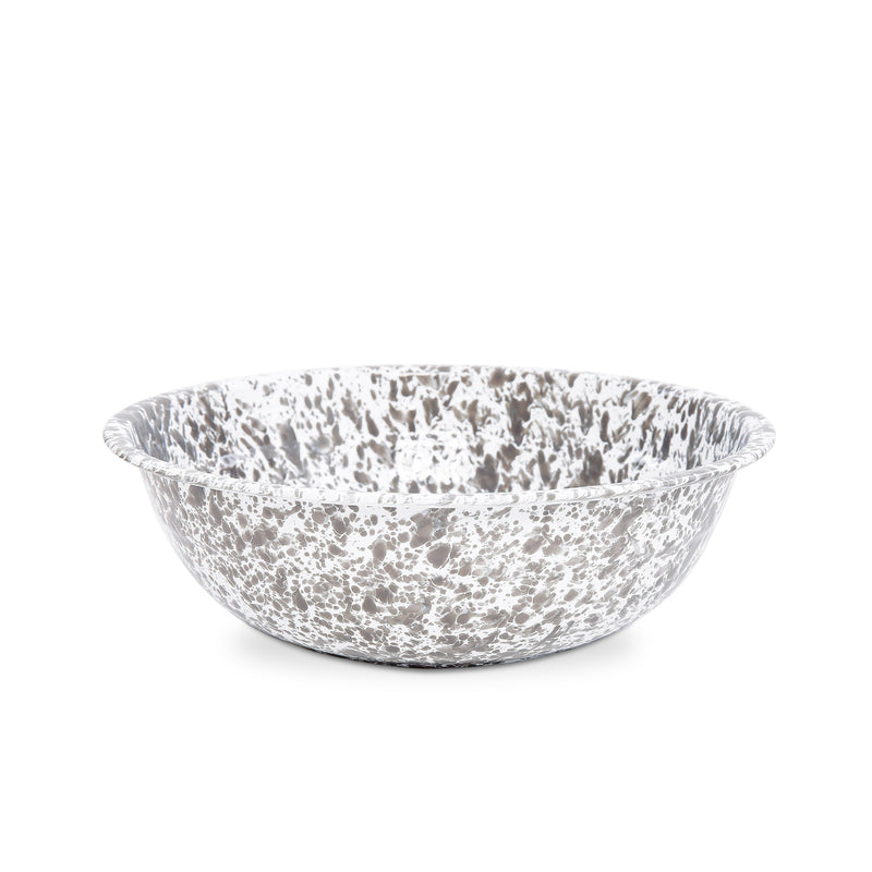 A medium-sized round enamel basin with a grey and white marbled pattern.