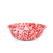 A medium-sized round enamel basin with a red and white marbled pattern.