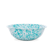 A medium-sized round enamel basin with a blue and white marbled pattern.