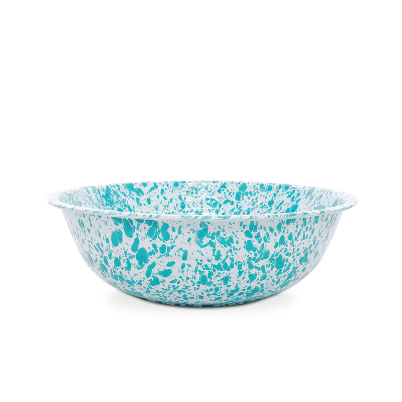 A medium-sized round enamel basin with a blue and white marbled pattern.