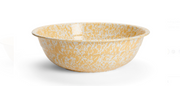 A medium-sized round enamel basin with a yellow and white marbled pattern.