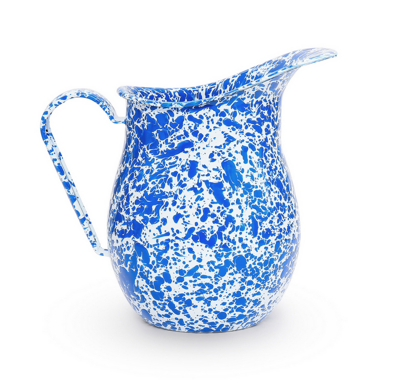A blue and white splatter pattern enamel pitcher