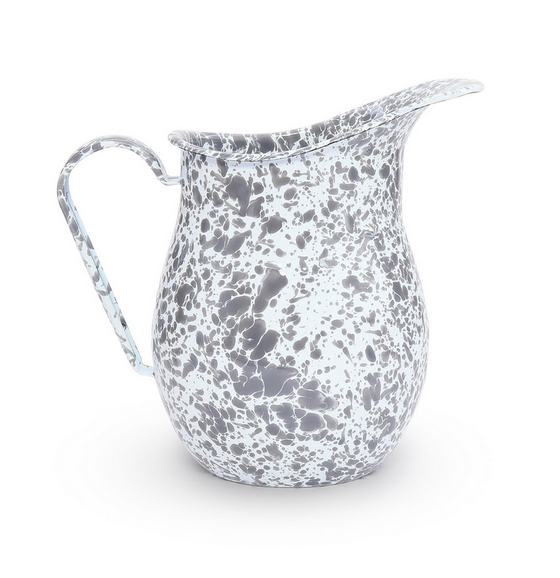 A gray and white splatter pattern enamel pitcher