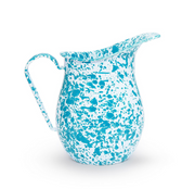 A blue and white splatter pattern enamel pitcher