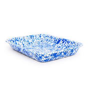 A blue and white speckled enamel roasting pan.