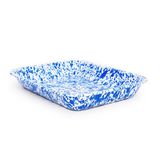 A blue and white speckled enamel roasting pan.