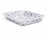 A grey and white speckled enamel roasting pan.