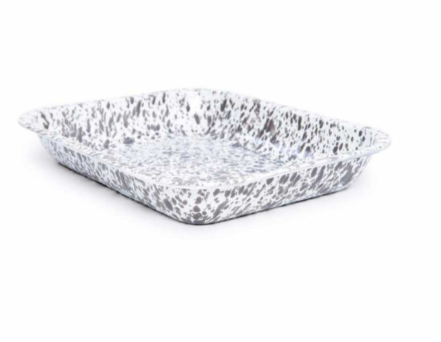 A grey and white speckled enamel roasting pan.