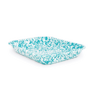 A blue and white speckled enamel roasting pan.