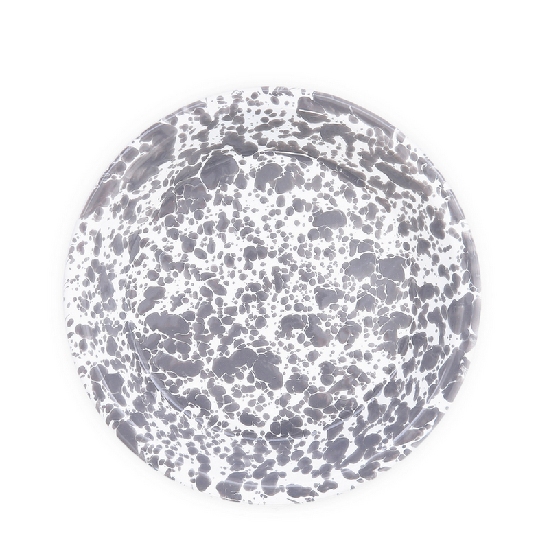 A 10-inch round enamel pie plate with a grey and white splatter pattern design.