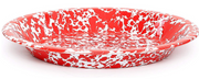 A 10-inch round enamel pie plate with a red and white splatter pattern design.