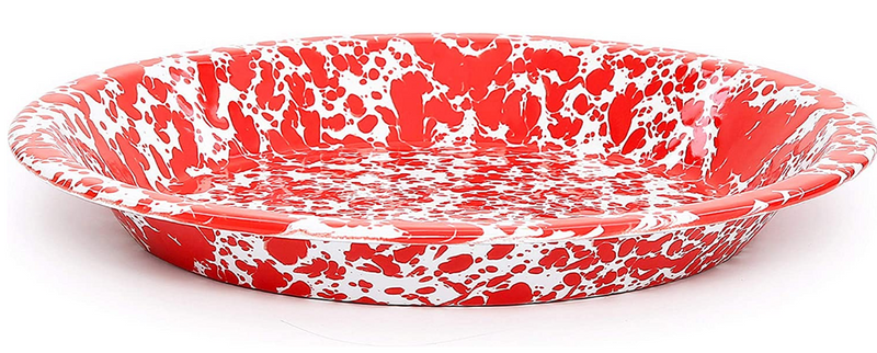 A 10-inch round enamel pie plate with a red and white splatter pattern design.
