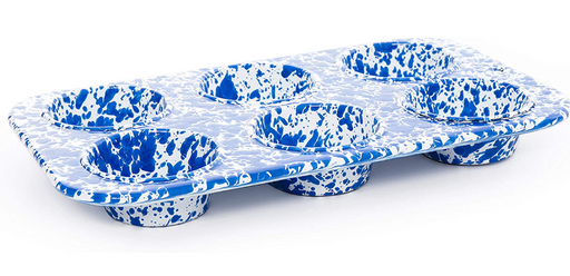 Blue and white speckled muffin tin on a white background
