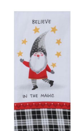 Towel with a gnome illustration and text 'Believe in the Magic' on a white background