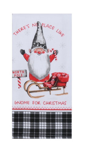 Christmas-themed towel with a gnome design and text on a white background