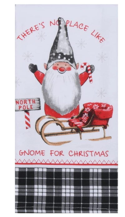 Christmas-themed towel with a gnome and 'North Pole' sign on a white background