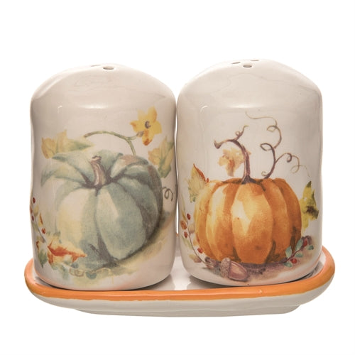 Painted Pumpkins Salt and Pepper Set with Tray