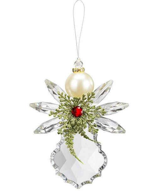 Decorative angel ornament with pearl and red gem on a white background