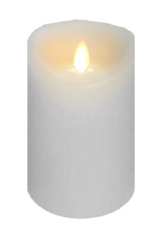White candle with a lit flame on a white background