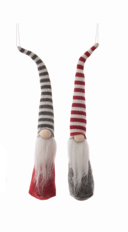 Two striped gnome ornaments hanging against a white background