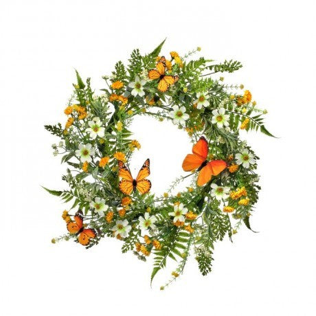 Mixed Daisy & Monarch Wreath - 22"