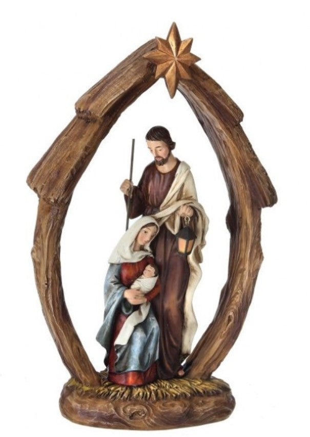 Nativity scene figurine with wooden arch and star on a white background