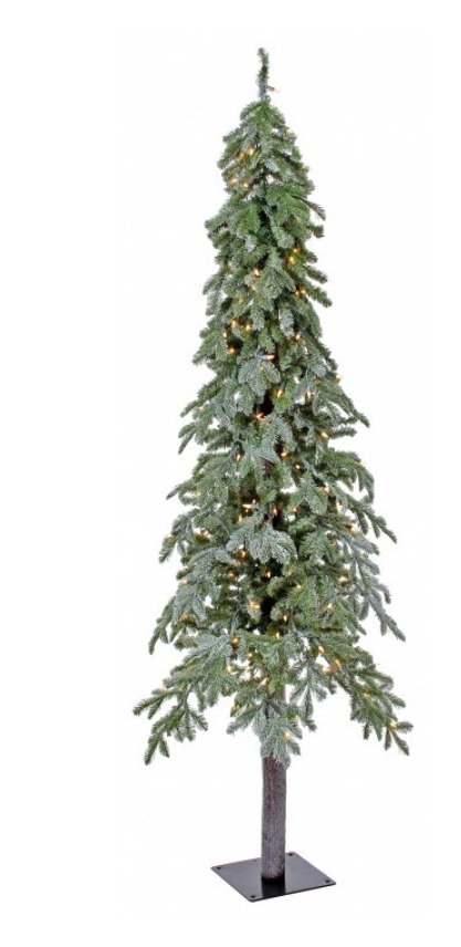Pre-lit artificial Christmas tree with lights on a white background