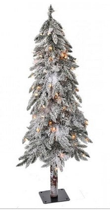 Frosted artificial Christmas tree with lights on a white background