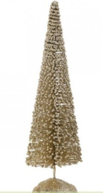 Tall, cone-shaped artificial Christmas tree with gold and silver decorations on a white background