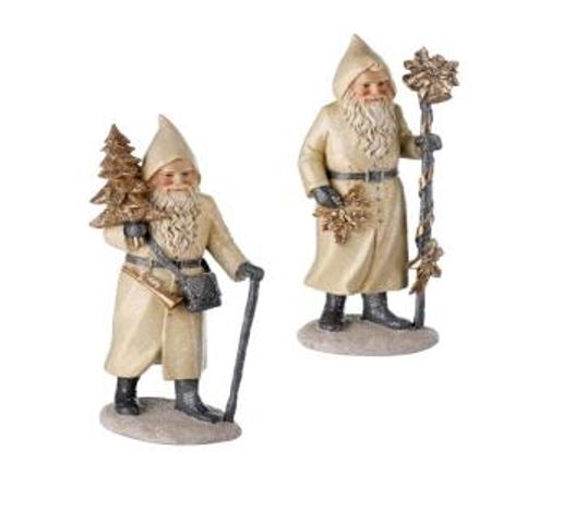 Two decorative figures of a bearded man in a long coat with a staff and tree, on a white background.
