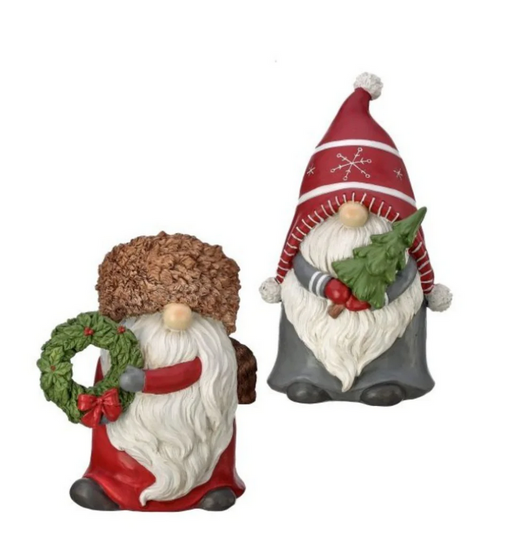 Two festive gnomes with wreaths and a tree on a white background