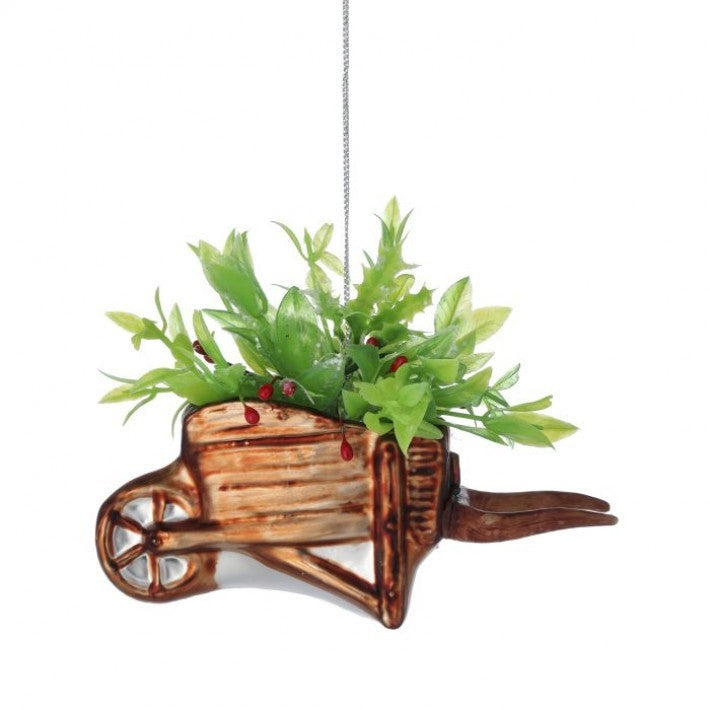 Glass Wheelbarrow Of Holly Ornament