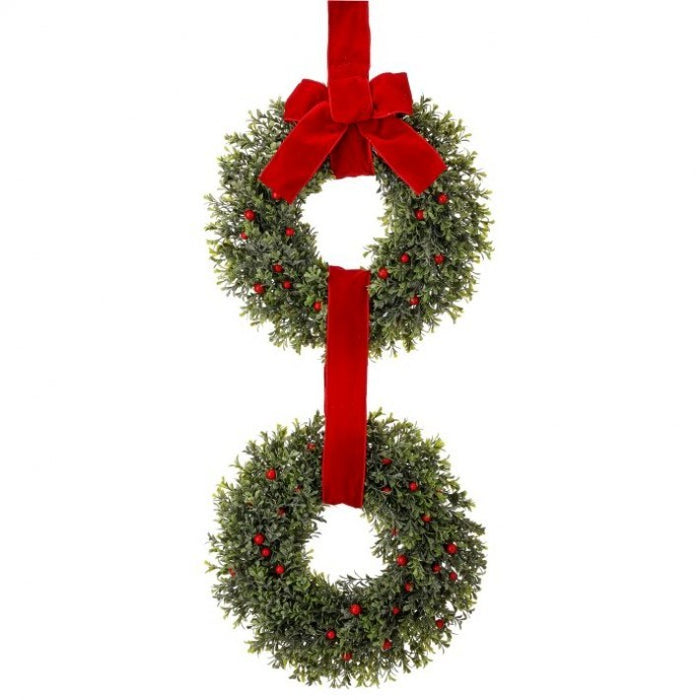 Frost Berry Boxwood Double Wreath W/ Bow - 32"