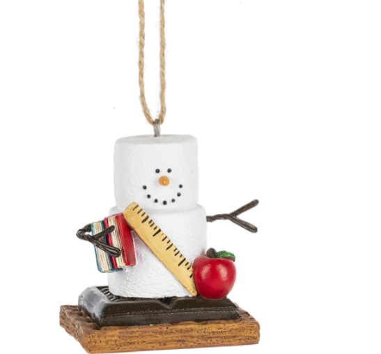 Decorative ornament shaped like a snowman with school supplies on a white background