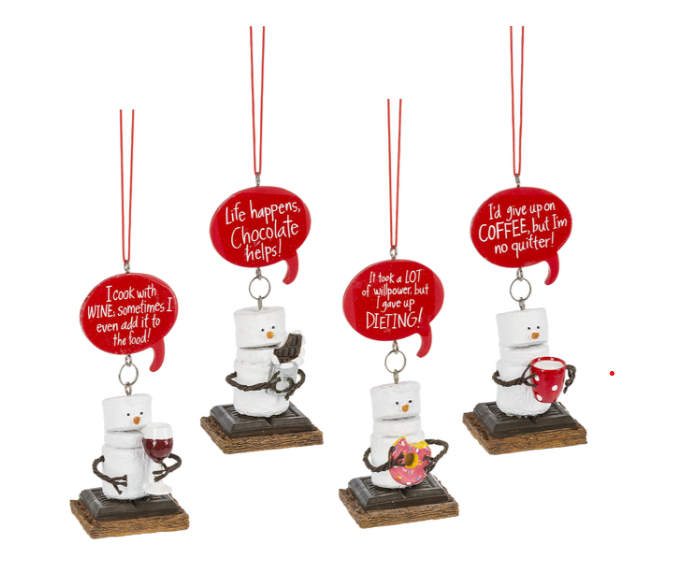 Set of four humorous snowman-themed Christmas ornaments with red speech bubbles and various sayings.