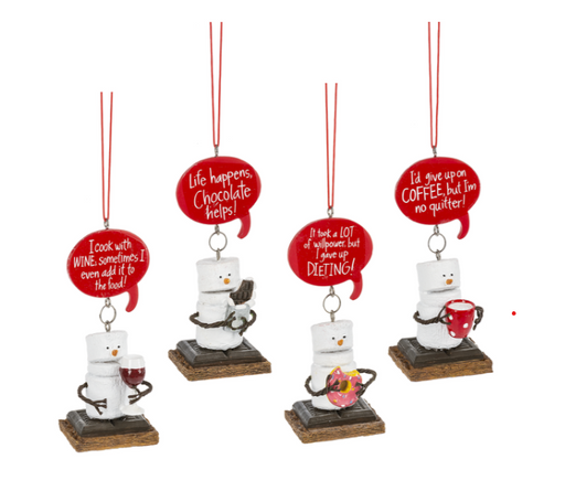 Set of four humorous snowman-themed Christmas ornaments with red speech bubbles and various sayings.